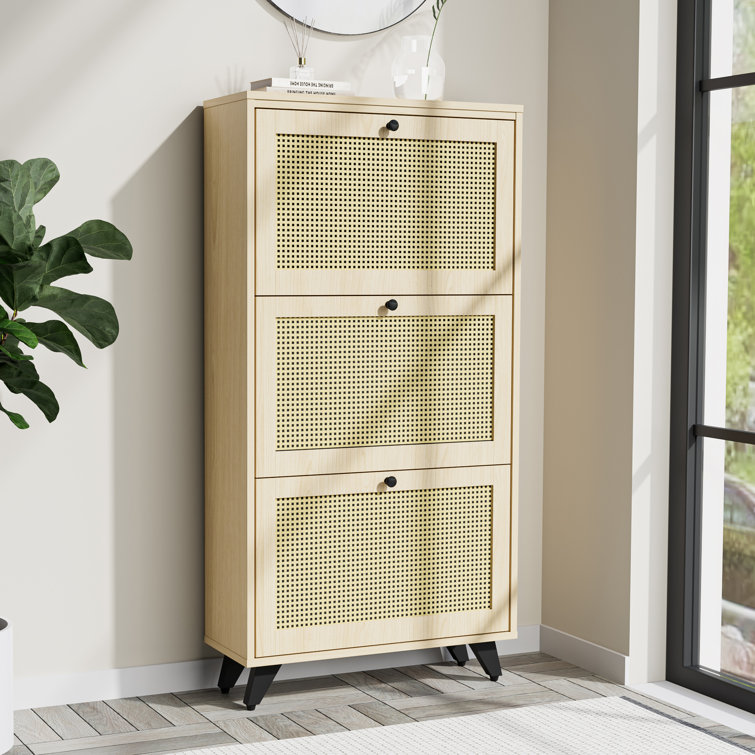 Bayou Breeze Rattan Shoe Cabinet with 4 Flip Drawers & 1 Mirror Storage  Cabinet, Shoe Storage Cabinet