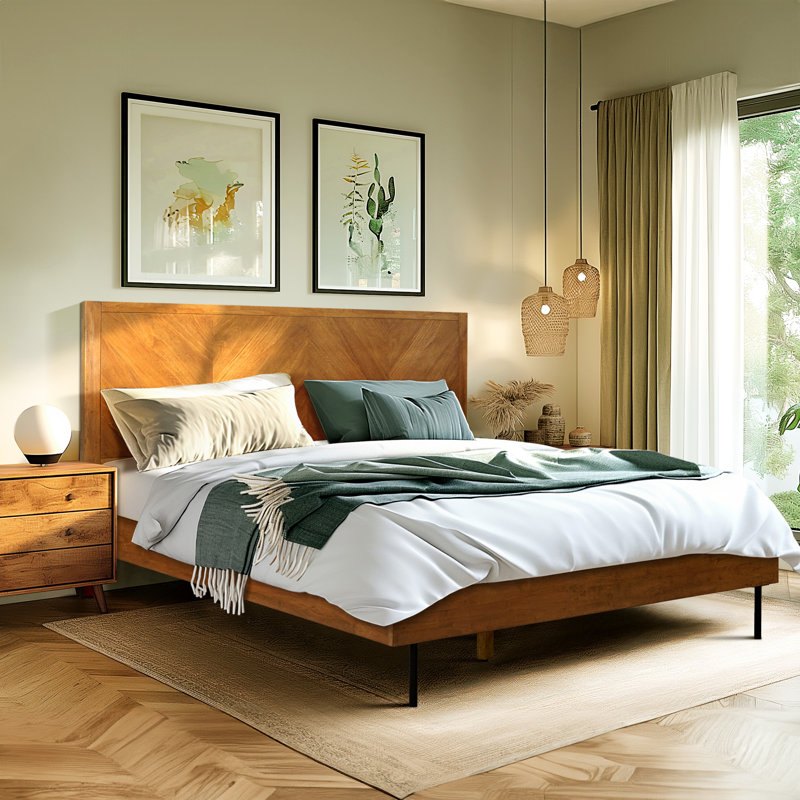 Solid Queen Wood Bed Frame With Headboard Platform Bed, Handcrafted Pattern, Walnut Finish Scandinavian Signature Bedroom Furniture 800 Lbs Capacity
