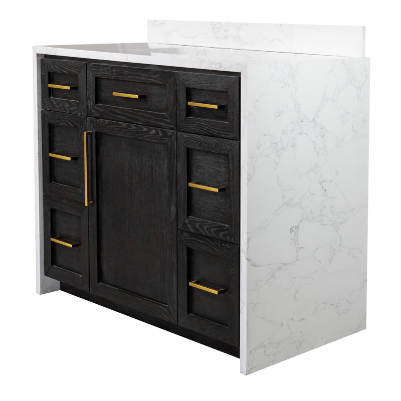 Akalya 42'' Waterfall Bathroom Vanity with Engineered Stone Vanity Top, Dark Oak/White