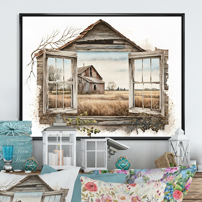 «Window View to Farm I», reproduction sur toile, H 30 po x l 40 po x P 1,5 po, Toile avec cadre flottant noir