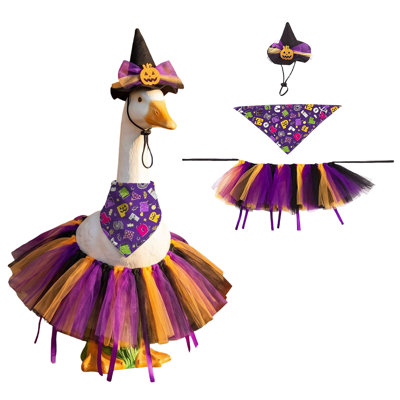 Porch Gooses Halloween Costumes Set Witch Hat Triangles Bandana Tulles Tutus Skirt Garden Lawns Gooses Statue Outfit Pumpkin Decor Yard Gooses
