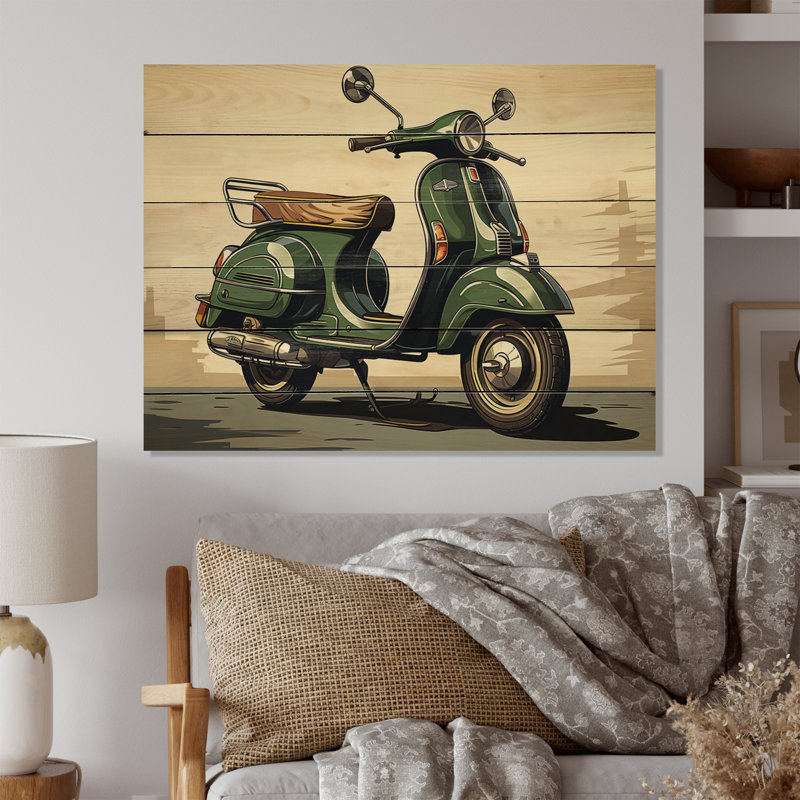 Kayliann, scooter vert rétro, impression électrique sur bois, H 10 po x l 20 po x P 0,78 po