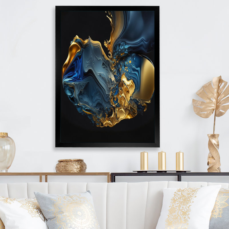 Géode abstraite en marbre bleu et doré - reproduction sur toile, H 20 po x l 12 po x P 1 po