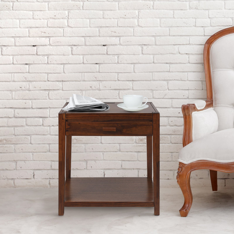 Warm Brown Solid Wood Nightstand with USB Ports
