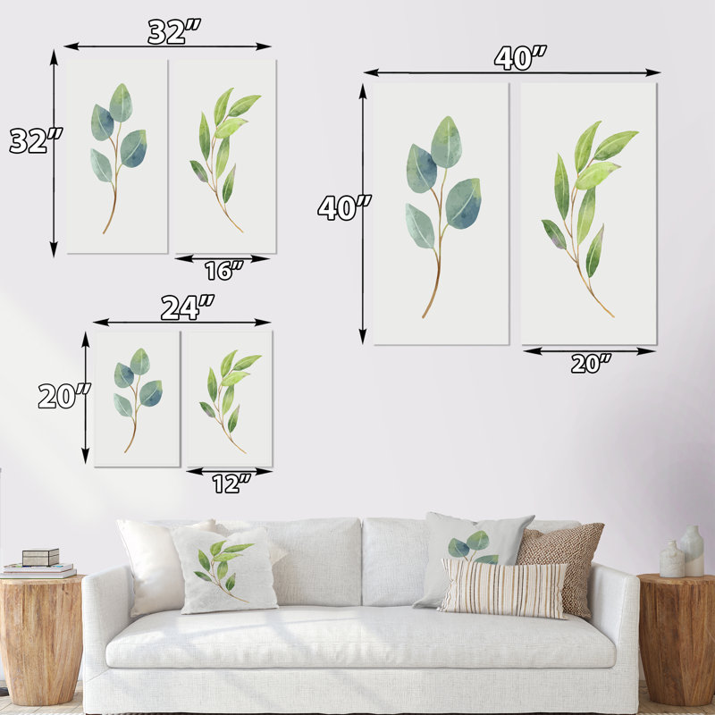 «Green Otanical Leaves and Flower II», ensemble de 2 impressions, H 20 po x l 24 po x P 1 po, Toile tendue