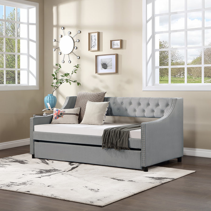 Miaja Daybed, Daybed, Upholstered Bed with Trundle, Twin, Gray