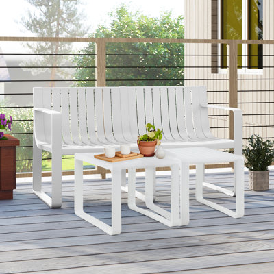 3 PCS Patio Furniture Set w/1 Loveseat & 2 Side Tables All-Weather Bistro Set White