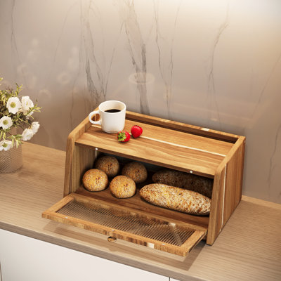 Bread Box For Kitchen Countertop Acacia Wood With Acrylic Window Bread Container Large Capacity Bread Holder Bread Storage Bin