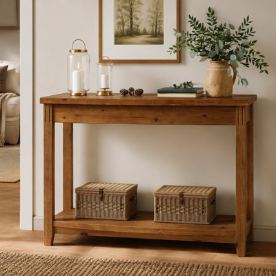 41.3″ Solid Wood Console Table with 2 Tiers, Farmhouse Entryway Table with Half Moon Shape and Storage Shelf for Living Room, Unique Grain