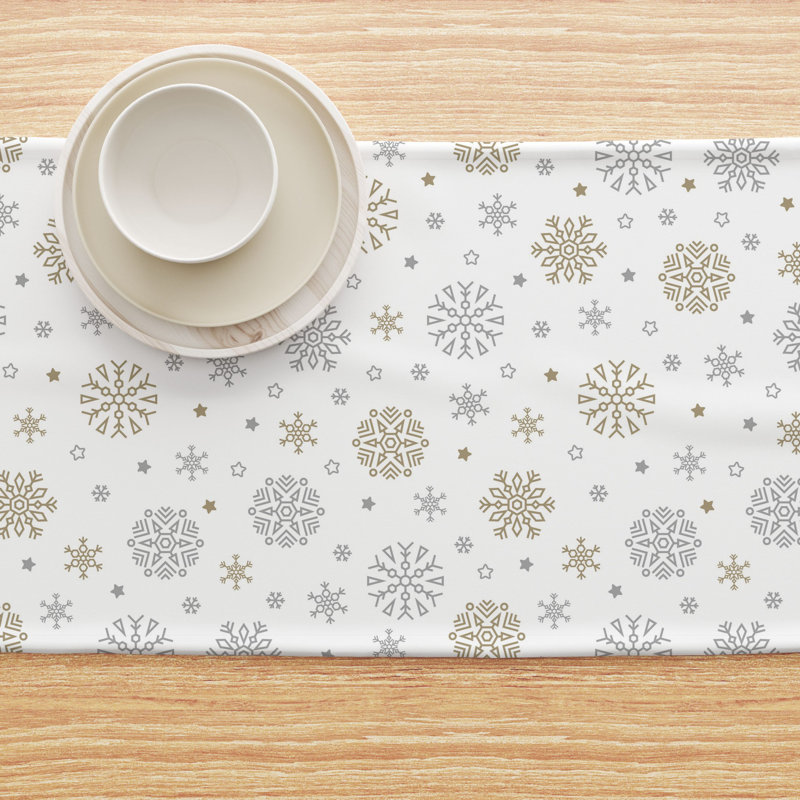 Efrian  Table Runner, 100% Cotton, Gold And Silver Snowflakes, 90" x 16"