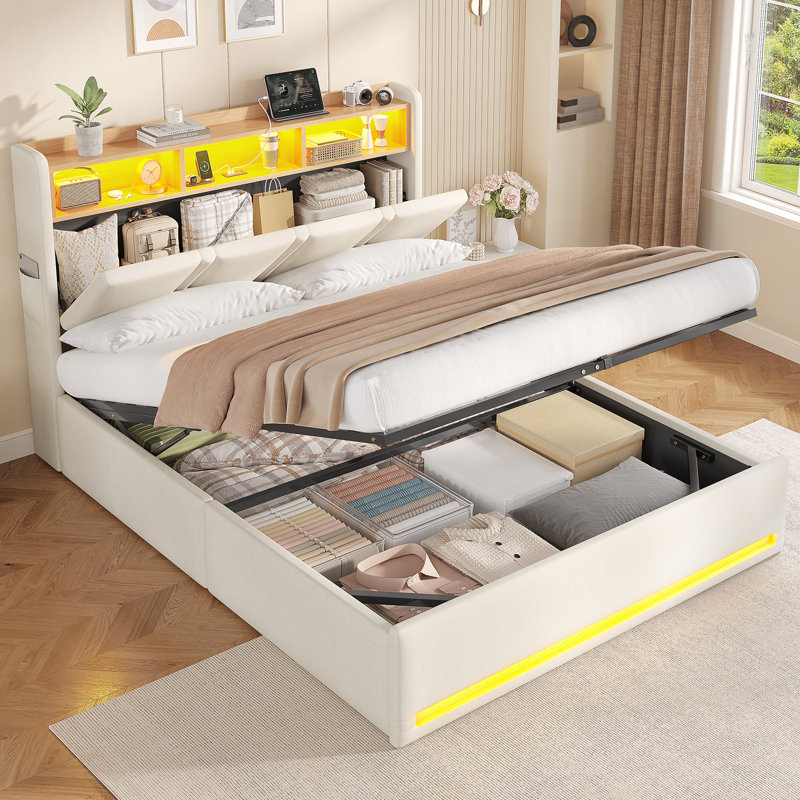 Annalysse 90x190 cm Single Bed with Lift-up Storage, Adjustable LED lights, Charging station, Open shelving, Beige