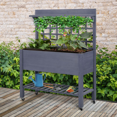 Lit de jardin surélevé gris avec treillis, pot à fleurs surélevé en bois de 41 po pour treillis tendance, fleurs en boîte, herbes et légumes