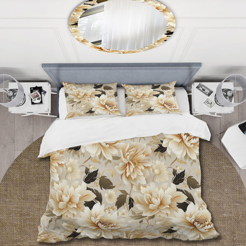 Ensemble de housse de couette Beige Antique Flower Harmony, Housse de couette simple + 1 taie décorative stan