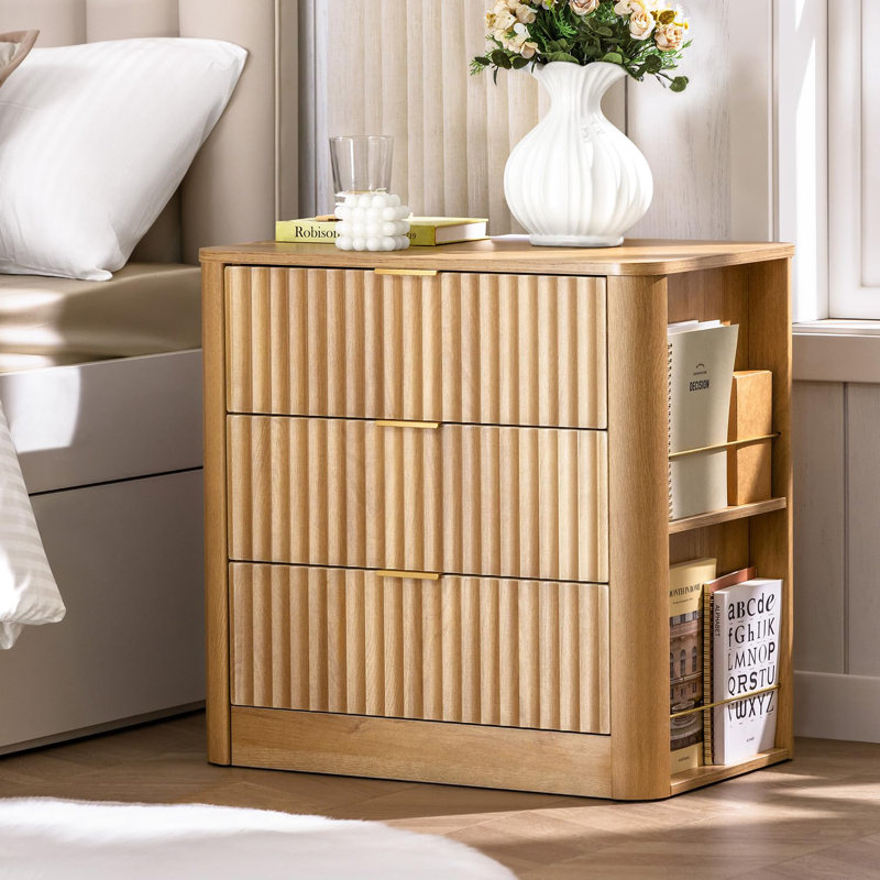 Modern Nightstand With 3 Drawers And Side Storage Shelves, Charging Station, End Table Bedside Table For Bedroom, Curved Profile Design, (Oak)