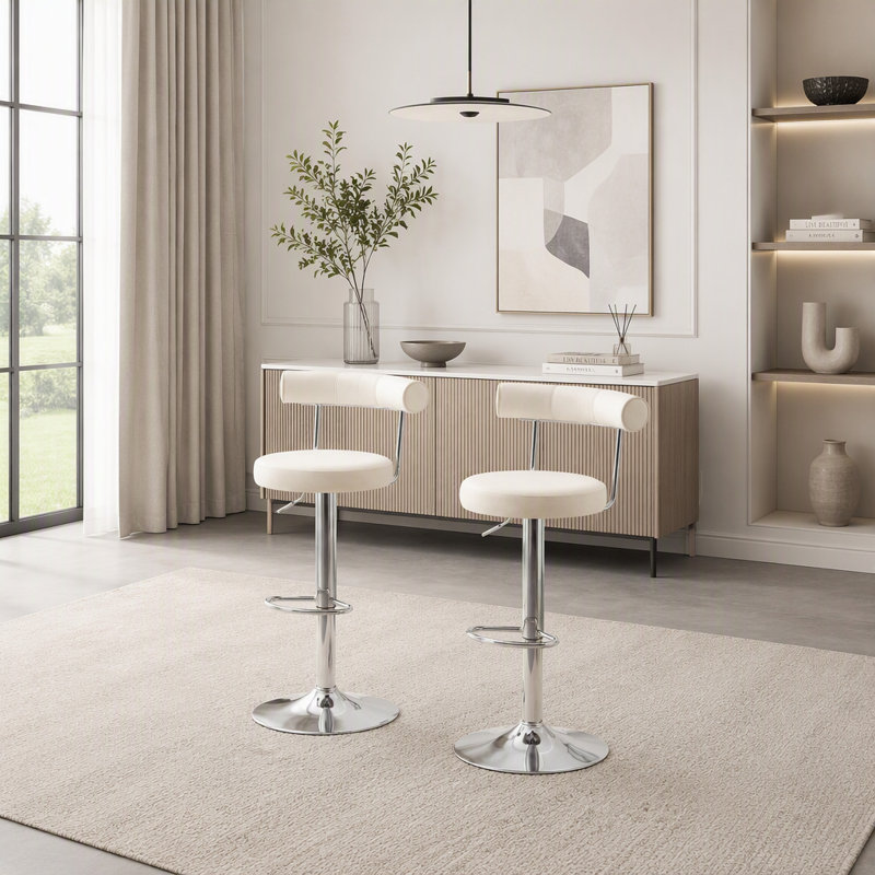 Ensemble de 2 tabourets de bar hauts, recouverts de velours, avec dossier et structure en acier inoxydable., White, Argent