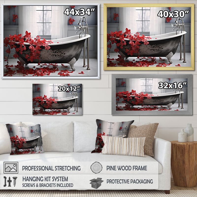 «Red Floral Bath I» - Art mural pour la lessive dans le salon, H 16 po x l 32 po x P 1 po, Encadrement argenté