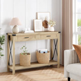 43" Boho Entryway Table With Rattan Drawers, Rustic Wood Console Table With Storage For Living Room, Hallway, Foyer