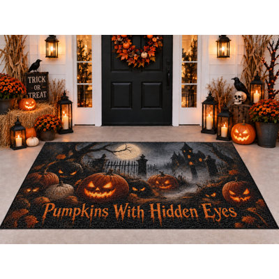Tapis d'extérieur Halloween 152 x 213 cm, motif citrouilles aux yeux cachés, imperméable, en PVC bouclé, résistant et à séchage rapide, idéal pour porche, terrasse, balcon ou entrée.
