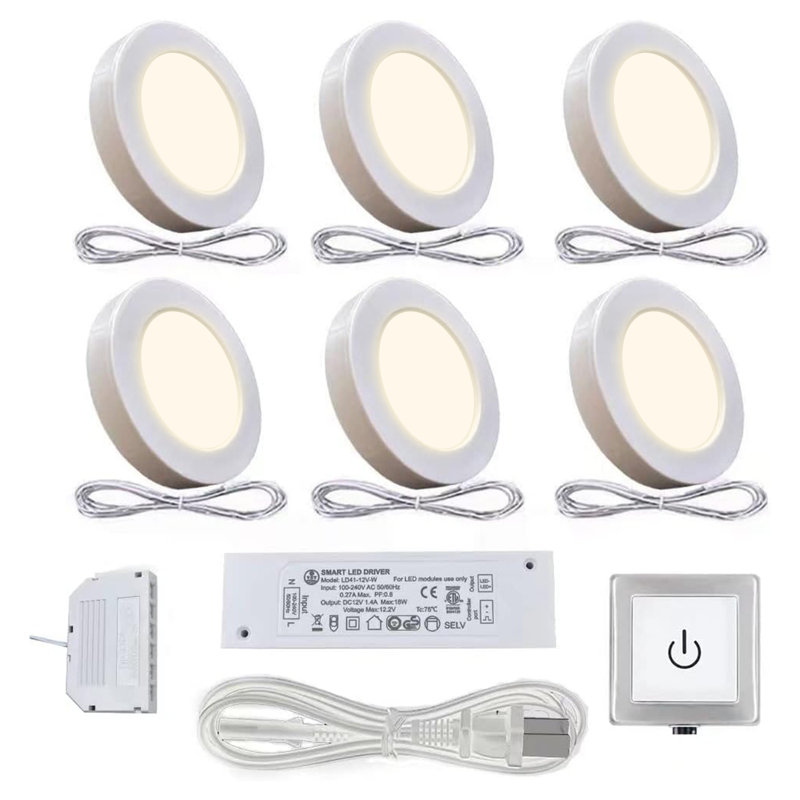 Ensemble de 6 luminaires sous-armoire avec gradateur câblé 12V 1,8W / pièce pour armoire de cuisine, Blanc, 4 000 K