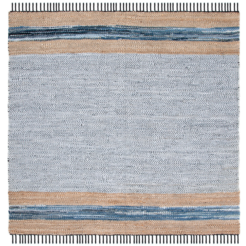 Vintage Leather Hand Woven Leather/Jute/Cotton Rug in Beige/Gray/Blue, Square 4'