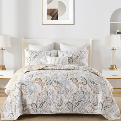 3 Pieces Paisley Floral Pattern Boho Quilt Set Bedspread Coverlet Bedding Set