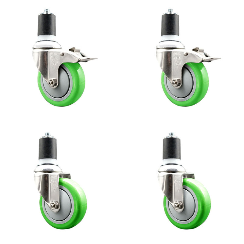 Ensemble de 4 roulettes à tige extensible en polyuréthane pivotant vert 1-3-3 / 4