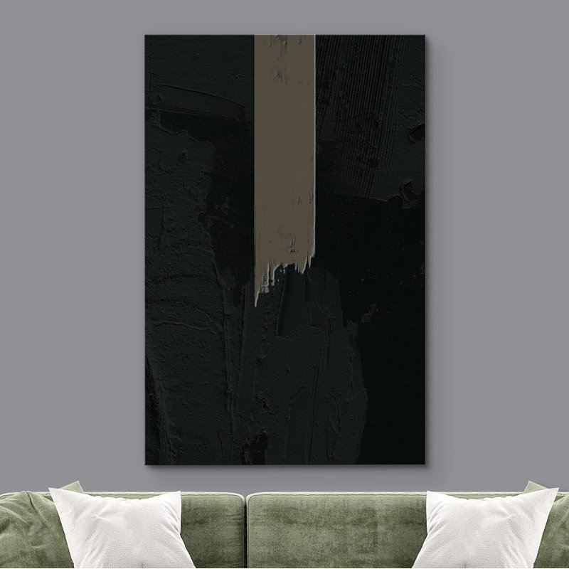 Motif géométrique noir sur fond gris à rayures, formes abstraites et minimalistes, décoration murale nordique contemporaine sur toile