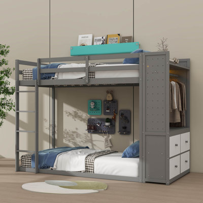 Twin Size Bunk Bed With 4 Storage Drawers, Hanging Rod, Light Bar, Integrated Shelves & Dual Ventilated Panels