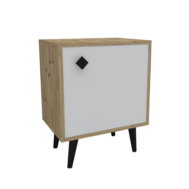 Modern Nightstand with Wooden Legs, Oak & White Finish, 17.7 x 25.6 x 13.8 Inches | 100% Melamine Coated Particle Board, Thickness: 0.7 Inches | Multiple Shelves for Storage, Perfect for Bedroom & Living Room