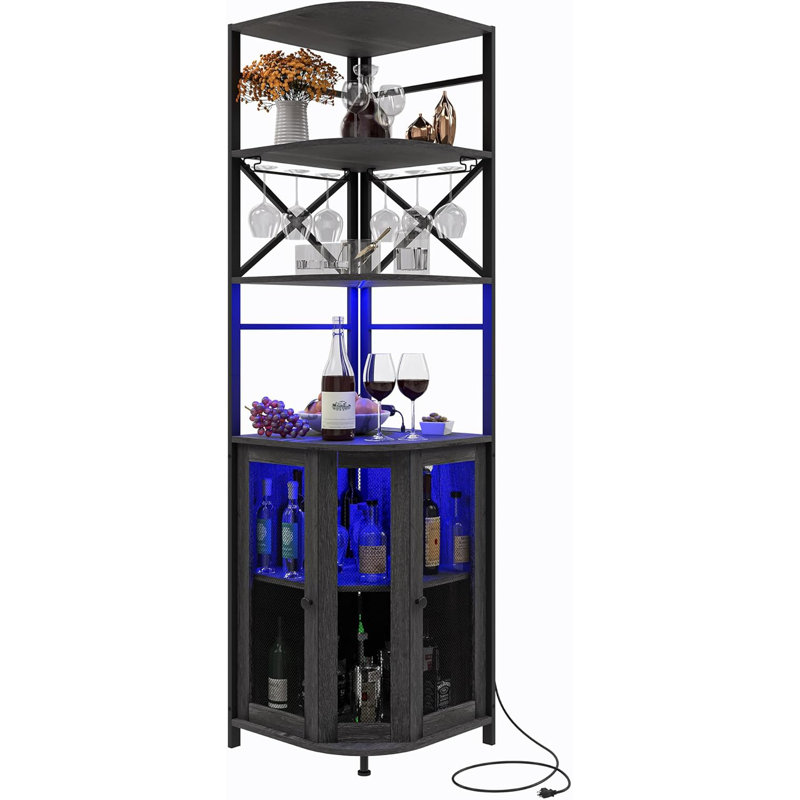 Wine Bar Cabinet with Power Outlet, 6-Tiers Industrial Wine Cabinet with LED Light and Glass Holder, Gray/Black