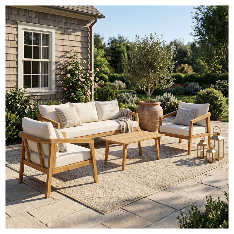 Ensemble de conversation d'extérieur 5 pièces avec cadre en bois d'acacia et coussins beiges