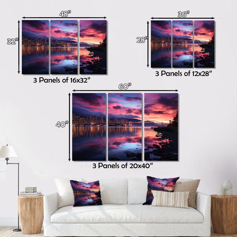 Canada Vancouver, crépuscule sur toile, reproduction de 3 pièces, H 40 po x l 60 po x P 1 po