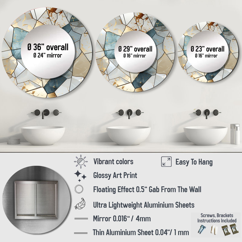 Teal And Grey Marble Harmony - marble Large Wall Mirror, Teal Round Unique Mirror, Printed Metal Art, 23" x 23"