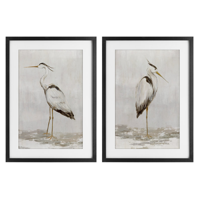 Serene Heron Birds, ensemble de 2 reproductions encadrées sous verre, par Hannah Dawson, H 20 po x l 14 po, Cadre noir minuit