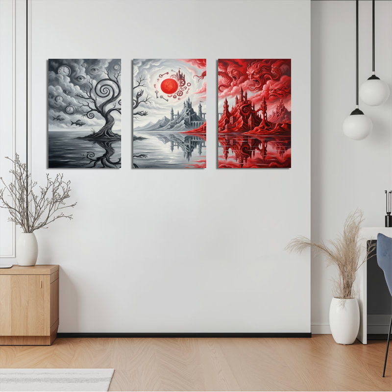 Château fantastique et ciel rouge, ensemble de 3 reproductions d'art sur toile tendues sur toile, 2030