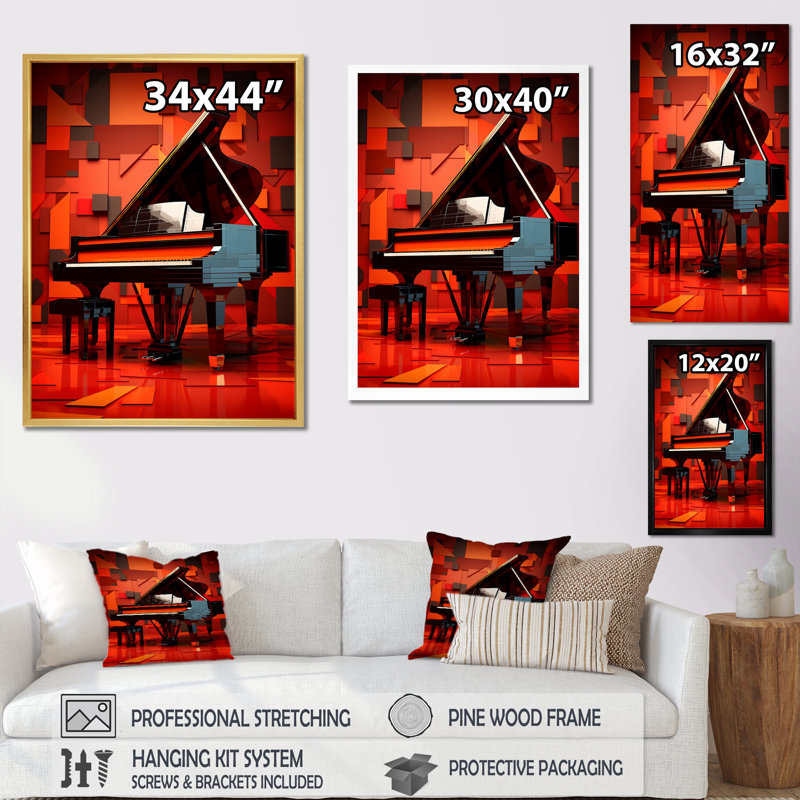 «Red Piano Cubist Concerto», reproduction sur toile, Cadre flottant noir, H 32 po x l 24 po x P 1 po