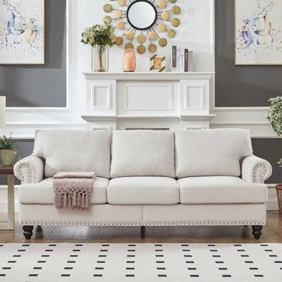 83" Three Seater , Beige, Round Arm With Nails Decoration, Solid Wood Frame, Spring Pocket Seat Cushion, Removable Cushion Cover, Storage Living Room - Seater, 100% Upholstered Classic Style, Arm,