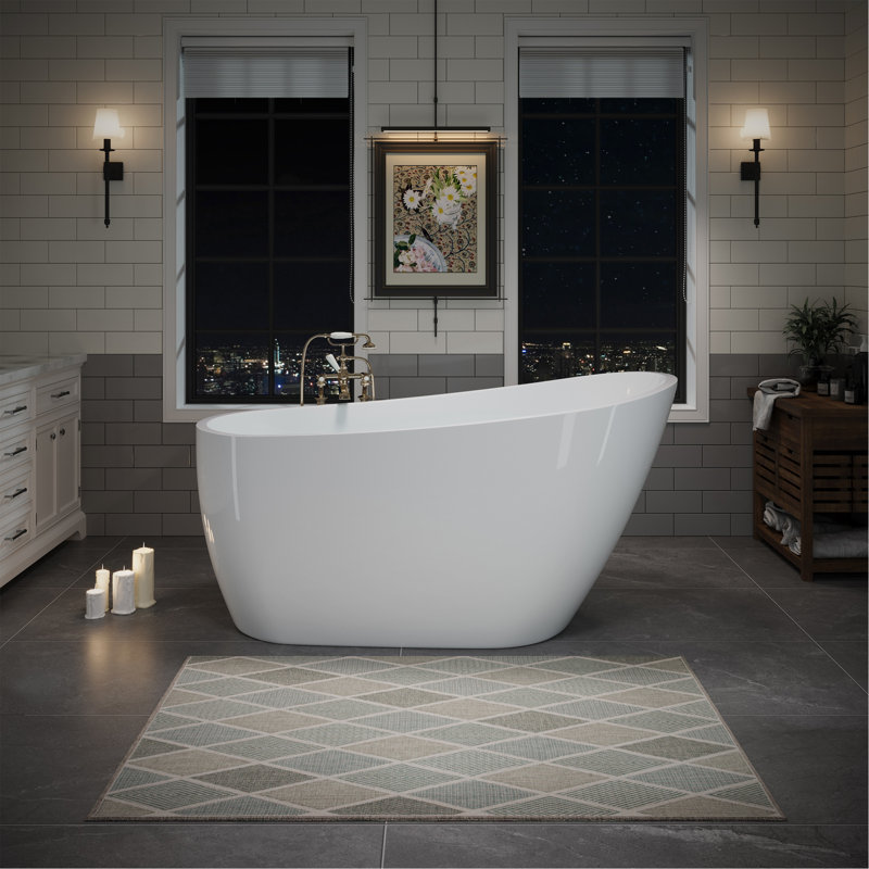 55" Acrylic Freestanding Bathtub, Stylish Deep Soaking Bathtub With Pop-Up Drain & Integrated Overflow, Contemporary Stand Alone Bath Tub For Bathroom Spa Or Home Upgrade, Glossy White