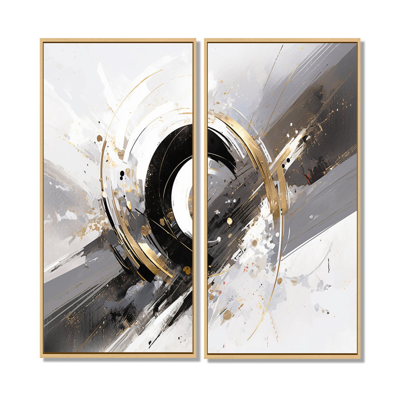 Tourbillons à multiples facettes or gris - Cubisme abstrait, impressions sur toile 2 panneaux, H 20 po x l 24 po