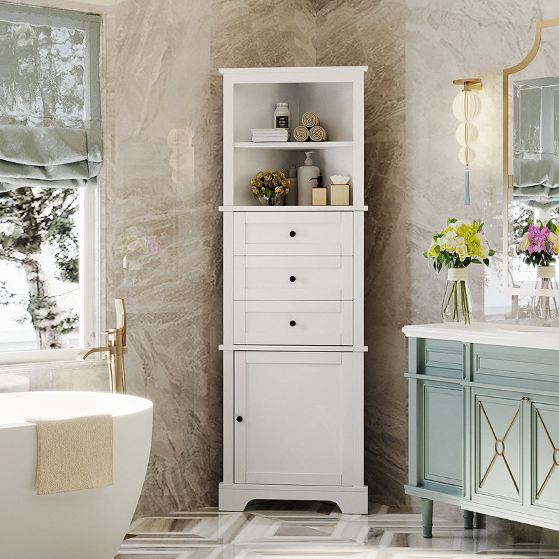 Grande armoire triangulaire blanche avec 3 tiroirs et tablettes réglables pour la salle de bain, la cuisine ou le salon, panneau de fibres à densité moyenne avec finition peinte (ancien SKU: WF298150AAK)