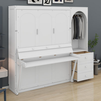 Lit escamotable fonctionnel avec 3 tiroirs, tablette, lumière DEL et tringle pour garde-robe