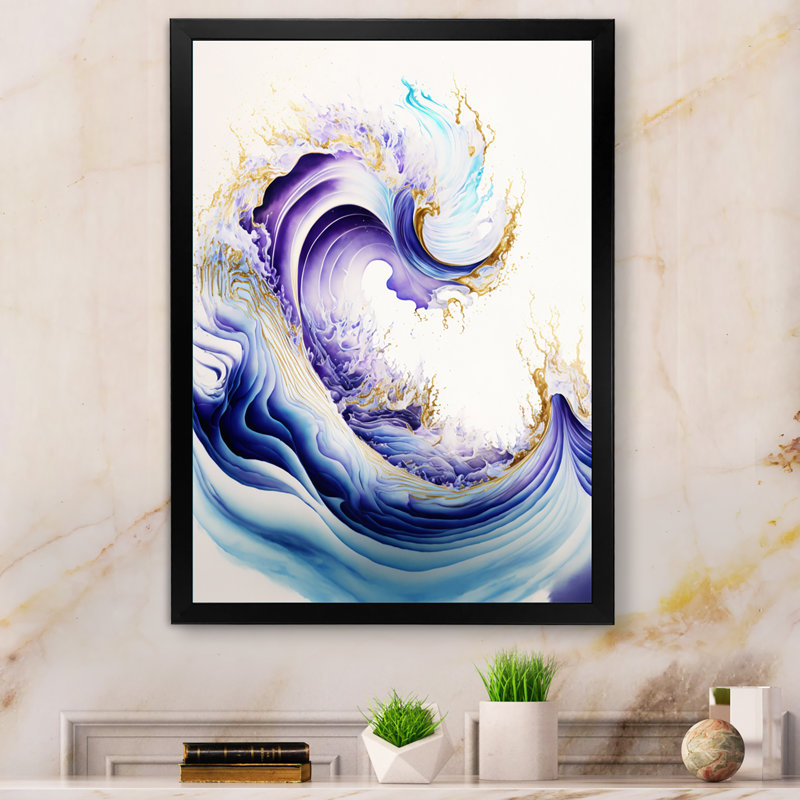 «Blue, Gold and Mauve Splash Paint II», peinture sur toile, H 32 po x l 24 po x P 1 po, Impression noire sur toile encadrée