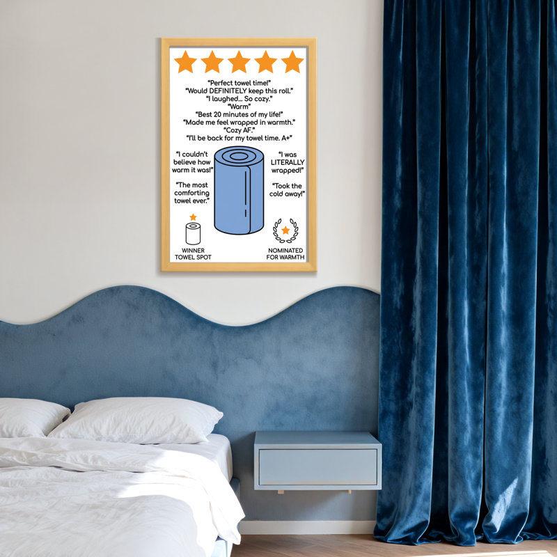 Bath & Laundry Blue Solid Color Towel Roll Pattern, Light Wood Grain, 18" H x 12" W, Framed Print without Mat