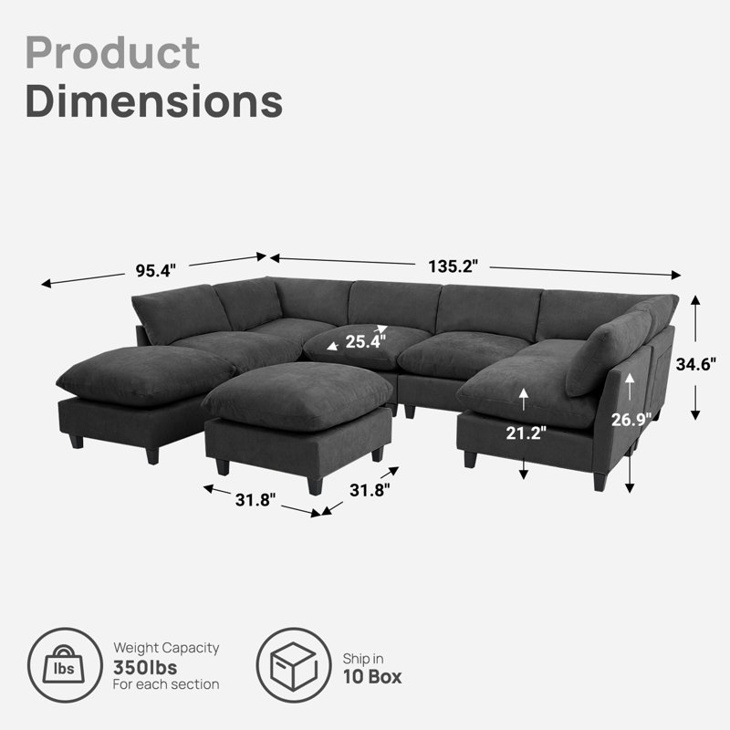 Canapé modulaire surdimensionné à 138 places de 138,29 po avec design composable, Chenille grise foncée, 8 places