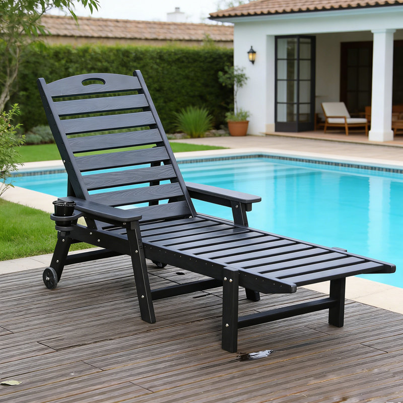 Premium All-Weather Poly Resin Chaise Lounge With Wheels And Cup Holder, Black