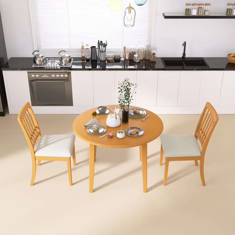 3-Piece Round Dining Table Set For 2 People, With1 Folding Wood Dining Table, 2 Ergonomic Support Upholstered Chairs, Easy Assembly