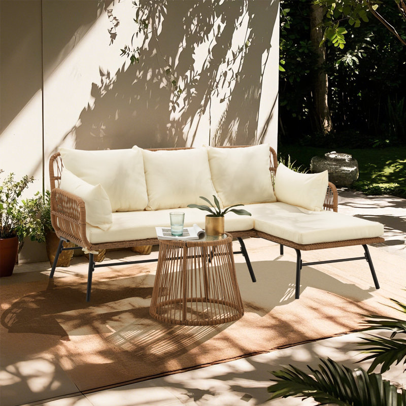 Outdoor L-Shaped Patio Rattan Furniture Set, 3-Piece Conversation Set, Brown/Beige
