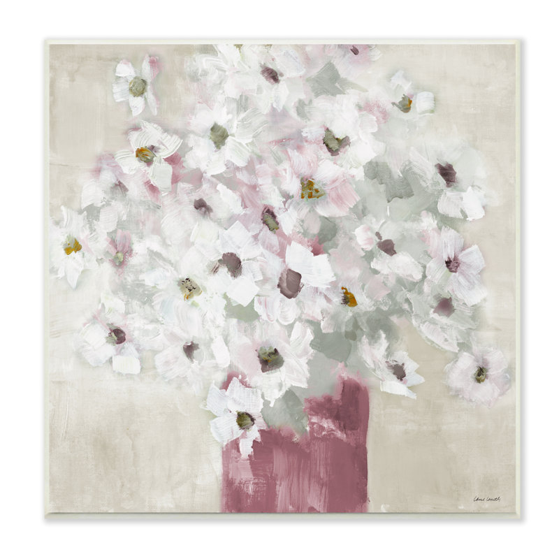 Abstrait bouquet de marguerites blanches dans un vase rouge contemporain, H 12 po x l 12 po x P 0,5 po, Bois