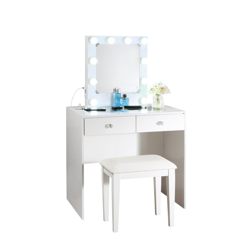 Modern White 2 Makeup Vanity With Stool, 10 Lights, & Power Outlet - Bedroom 2 Drawers, Port Flair, White