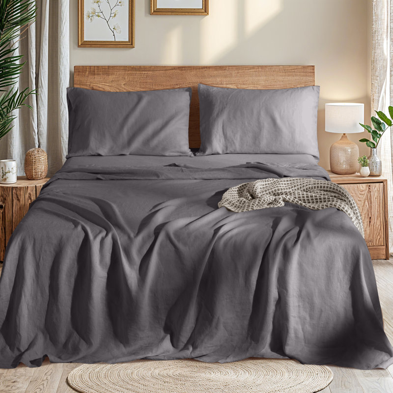 Natural Linen Cotton Bed Sheets Set，Deep Pocket- 4 Pcs, King, Dark Gray